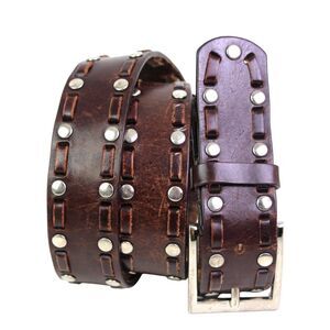 BROWN GENUINE LEATHER 1 1/4"Wd STUDS STITCH CASUAL DRESS WOMEN'S BELT Sz S (99T